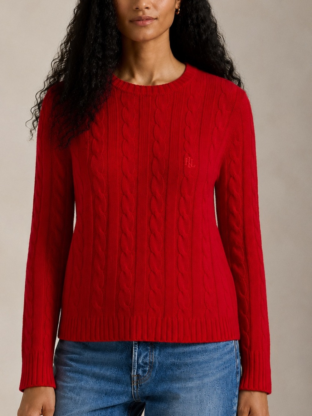 EUC Lauren Ralph Lauren 100% Cashmere Cable Knit Sweater Red 2X XXL Crewneck